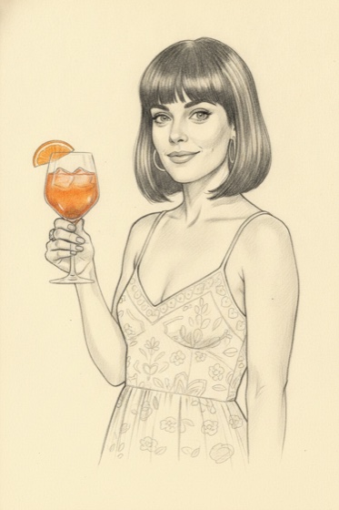 Lily, on the front desk with an Aperol Spritz